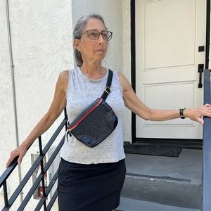 Navy croco fanny pack with red and navy zipper lining